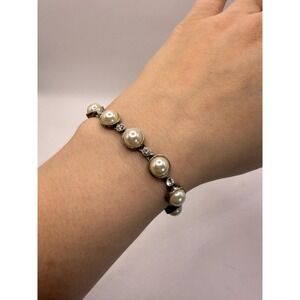 Vintage Silver Tone Faux Pearl Rhinestone Bracelet Bridal Style 7"